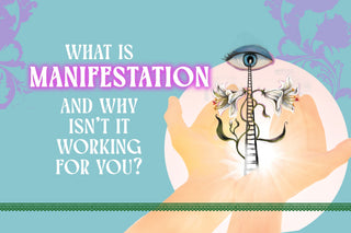 A digital graphic with the text "WHAT IS MANIFESTATION AND WHY ISN'T WORKING FOR YOU?" in white and purple lettering. The background is a light teal-blue with purple floral patterns in the corner.