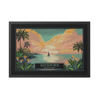 A framed art print featuring a retro-style tropical sunset scene with palm trees, a sailboat on calm water, and the text 'SOJOURN' at the bottom, shown against a plain white background.
