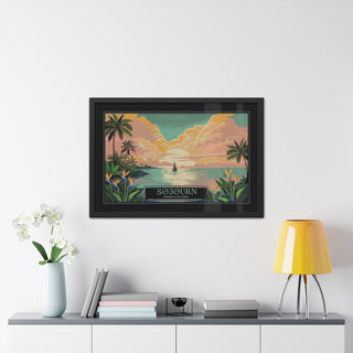 Hand-drawn illustration by Kat Gottlieb in a vintage travel poster style, of a tropical beach scene overlooking the ocean and the setting sun with pink and orange light reflecting into clouds. The sun is reflected in the calm waters. A black silouhette of a sailboat travels through the water. A black frame and label with artistic lettering describe the mood and vibe of the piece. Decor around poster is used to show size of poster.