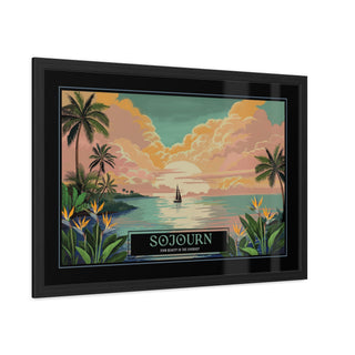 Framed travel poster print featuring a tropical sunset seascape with palm trees, flowers, a sailboat, and the text 'SOJOURN' and 'FIND BEAUTY IN THE JOURNEY', shown in a black frame against a white background.
