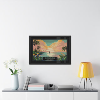 Hand-drawn illustration by Kat Gottlieb in a vintage travel poster style, of a tropical beach scene overlooking the ocean and the setting sun with pink and orange light reflecting into clouds. The sun is reflected in the calm waters. A black silouhette of a sailboat travels through the water. A black frame and label with artistic lettering describe the mood and vibe of the piece. Decor around poster is used to provide size comparison.
